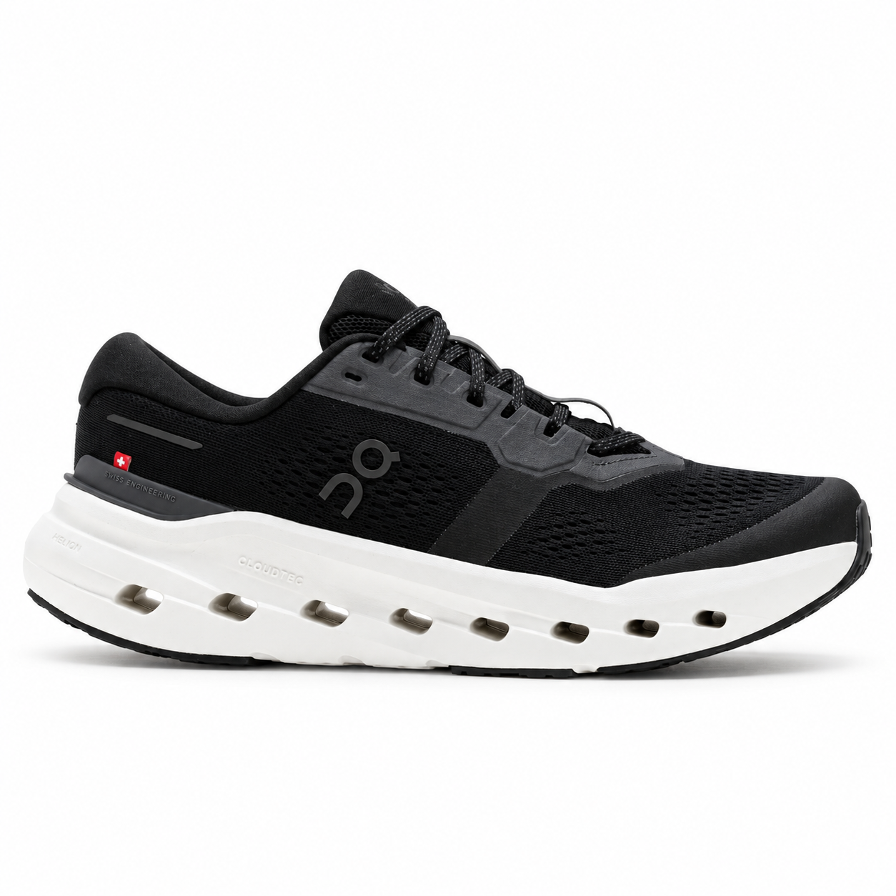 Black Swiss-tag running shoe on white on cloud black white - Image 1